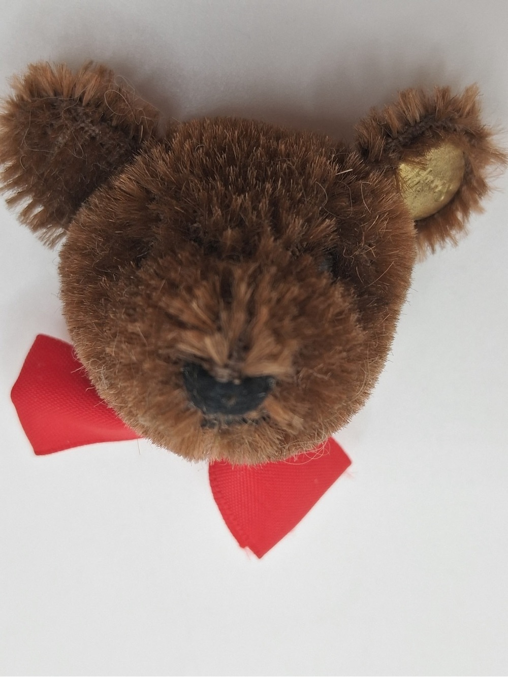 Vintage Steiff Teddy Bear Head Brooch Pin Mohair Red Bow Button in Ear Germany